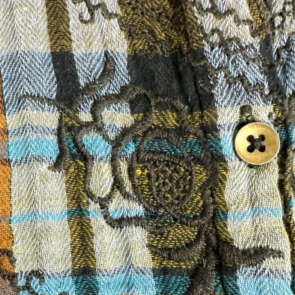 Free People Western Bohemian Muslin Embroidered Magical Plaid Shirt Small Fall